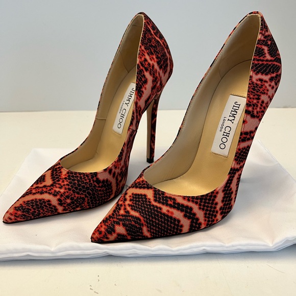 Jimmy Choo Anouk 35.5 Mandarin Red Mix Snake Printed Fabric Pumps